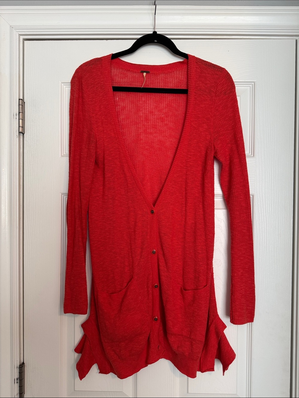 Free People Coral Long Button-Up Cardigan